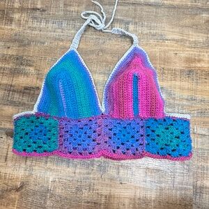 Handmade Crochet Festival Halter Bralette Granny Square Crop Top med/lg